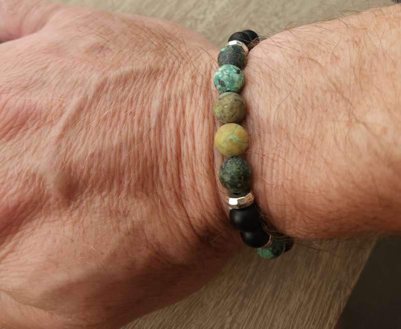Natural African Turquoise with Matt Black Beads and Silver spacers - 8mm