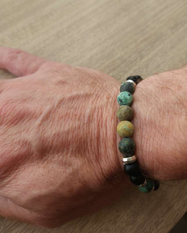 Natural African Turquoise with Matt Black Beads and Silver spacers - 8mm