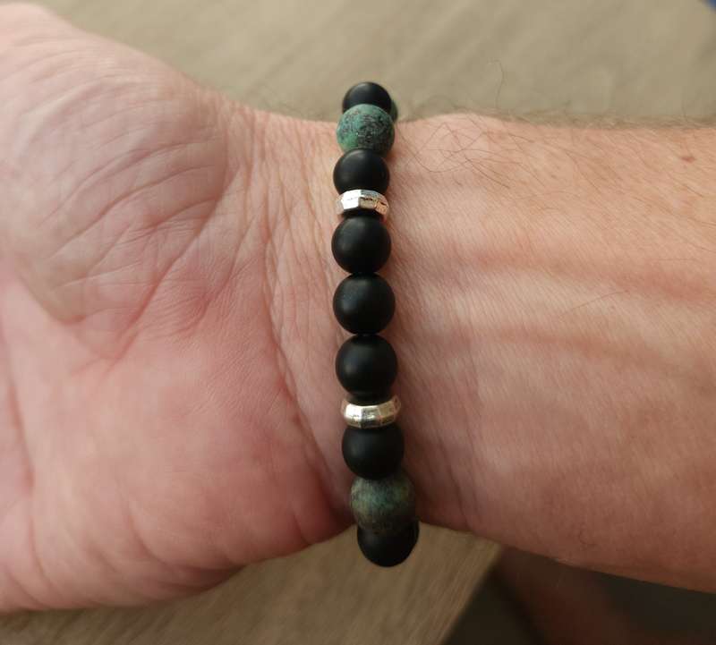 Natural African Turquoise with Matt Black Beads and Silver spacers - 8mm