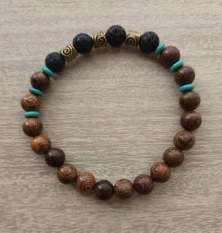 Natural Wood, Lava Rock with Tibetan Bronze & Turquoise spacers Bracelet - 8mm
