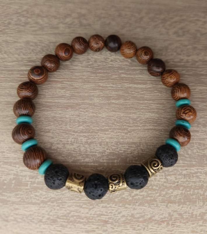 Natural Wood, Lava Rock with Tibetan Bronze & Turquoise spacers Bracelet - 8mm