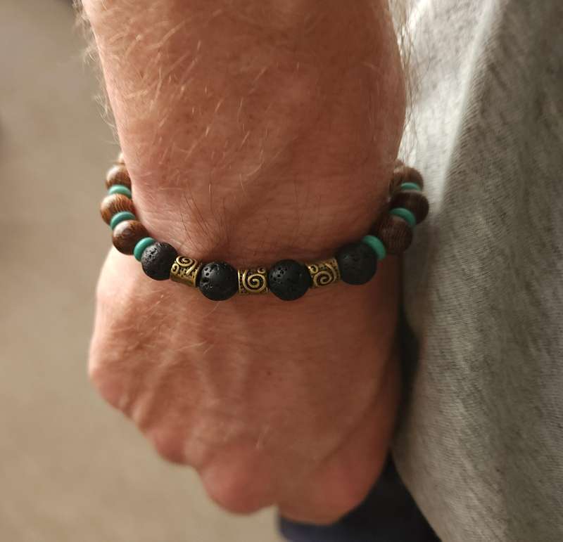 Natural Wood, Lava Rock with Tibetan Bronze & Turquoise spacers Bracelet - 8mm
