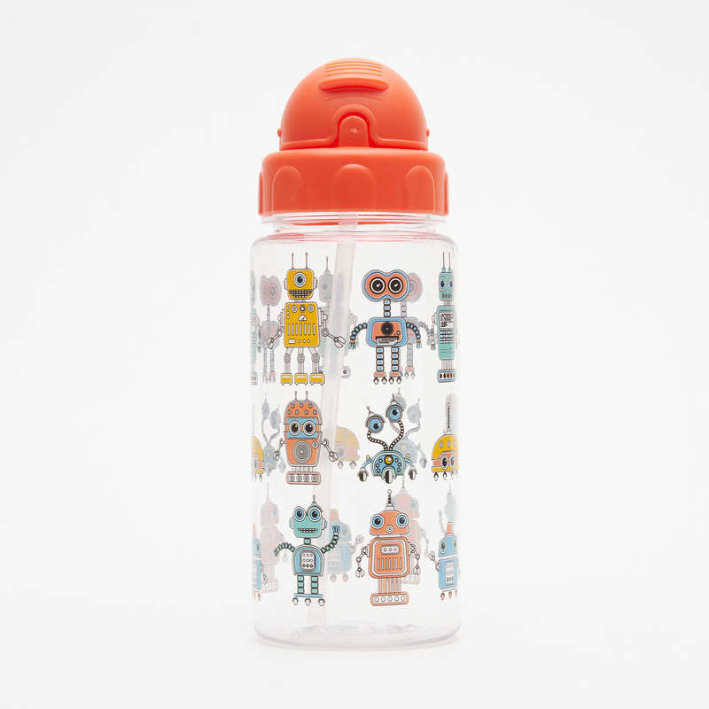 AquaKids 500ml Plastic Water Bottle with Straw - Red Robot