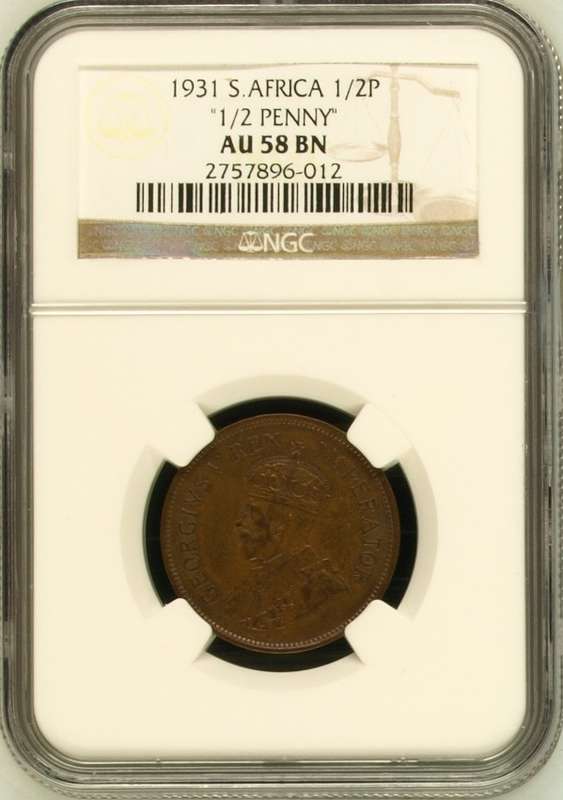 1931 SAU 1/2 (half) penny, NGC AU58BN