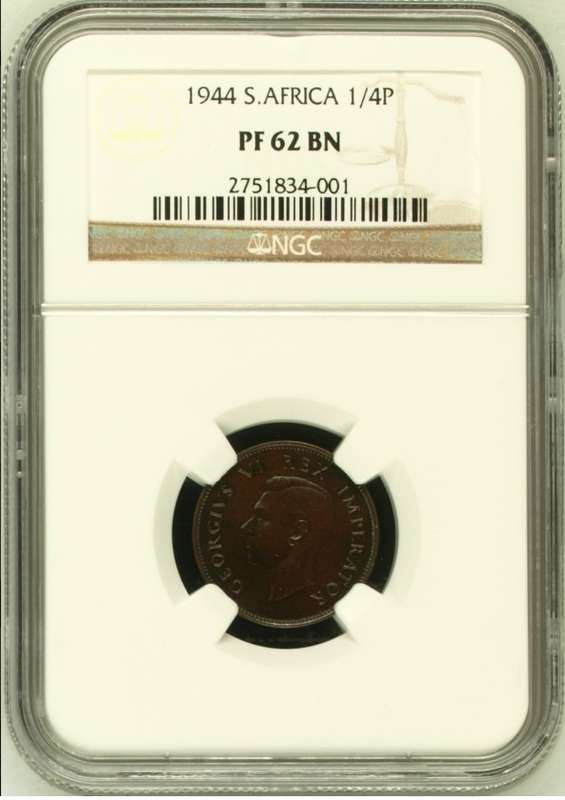 1944 SAU proof 1/4 penny (farthing), NGC PF62 - only 150 proof coins minted