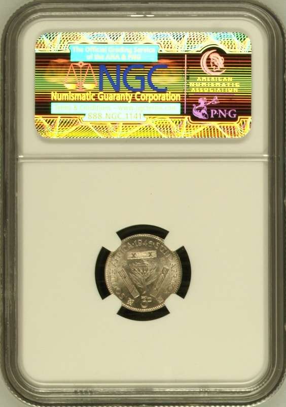1946 SAU threepence (tickey) NGC MS62