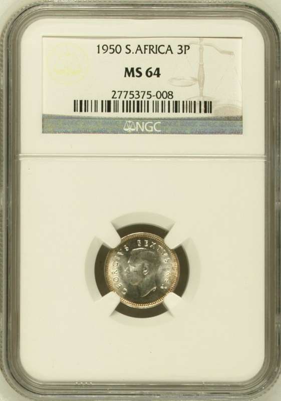 1950 SAU threepence (tickey) NGC MS64