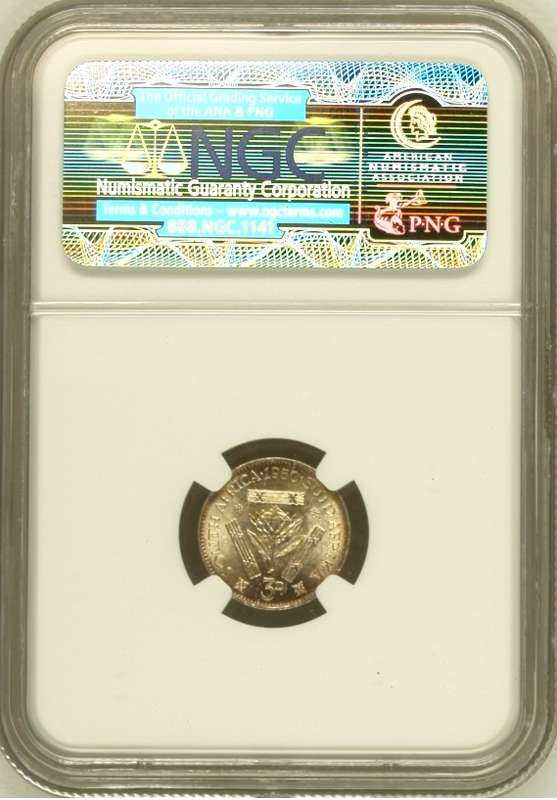 1950 SAU threepence (tickey) NGC MS64