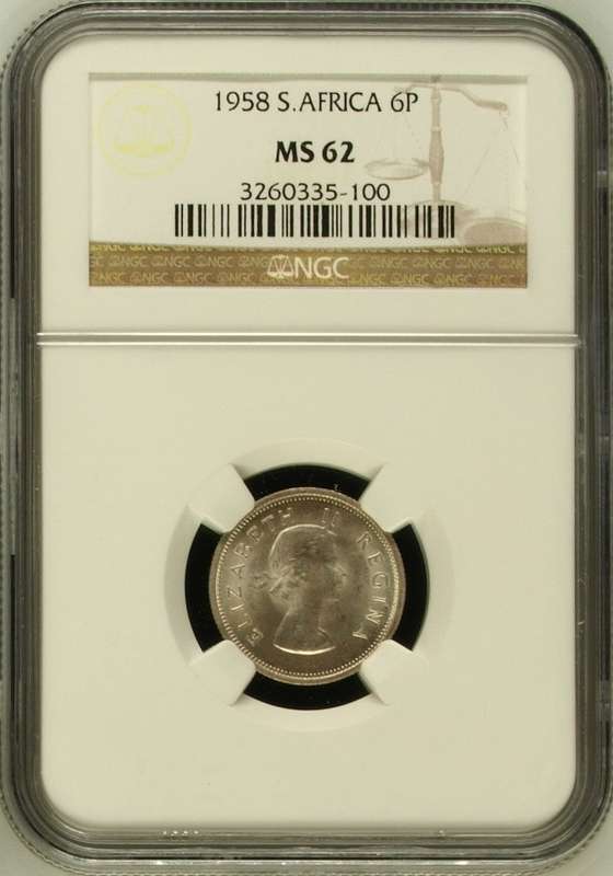 1958 SAU sixpence (6P) NGC MS62