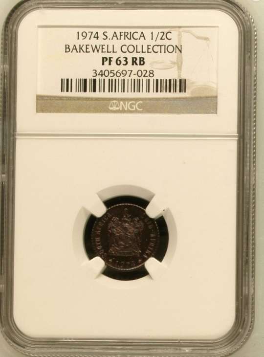1974 South Africa proof 1/2 cent, NGC PF63 RB