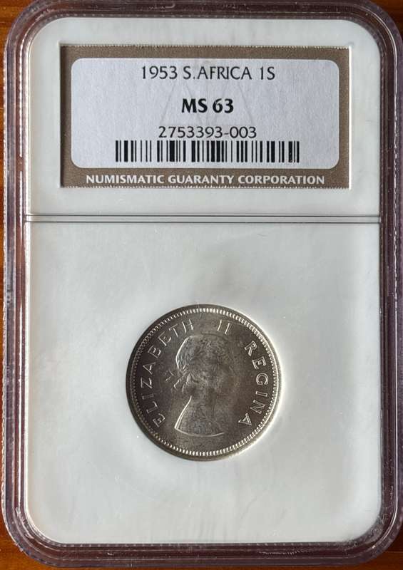 1953 SAU shilling, NGC MS63