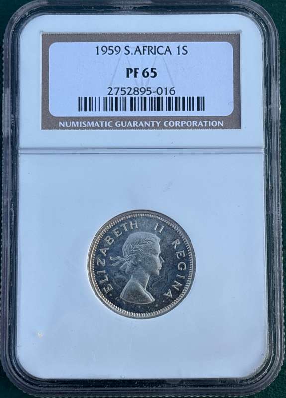 1959 SAU silver shilling, NGC PF65