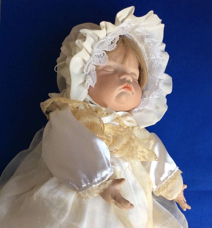 Sleeping Baby Porcelain Doll in Victorian style Dress and Bonnet