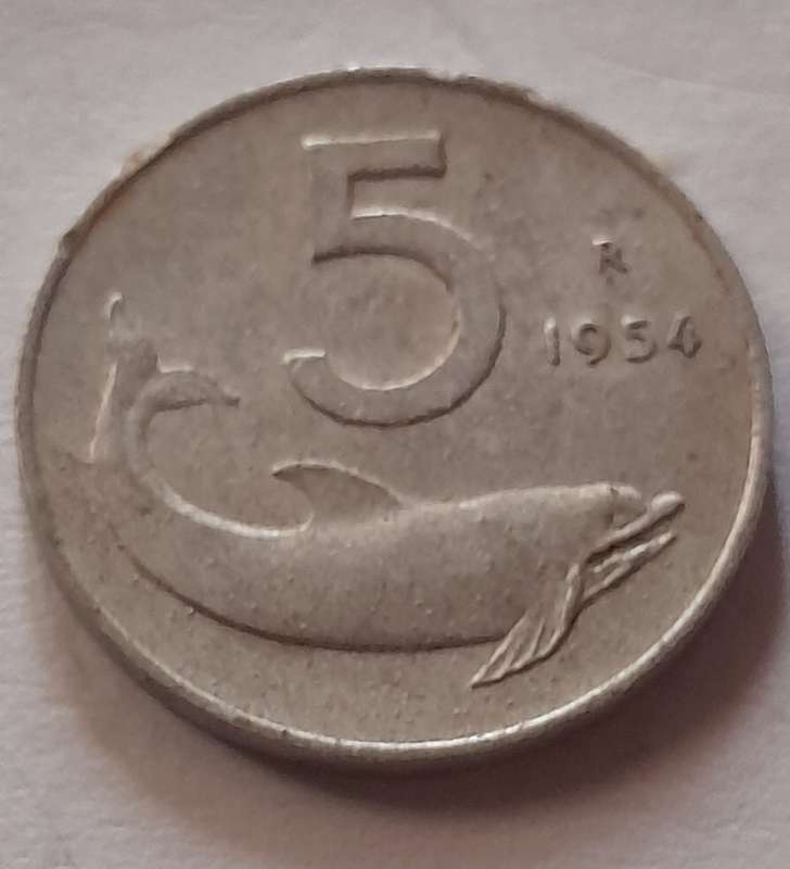 Italy 5 Lira Coin - 1954