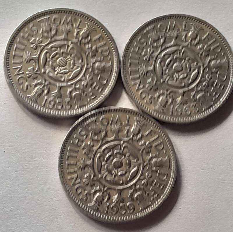 3 x British 2 Shilling Coins - 1953 1959 & 1963