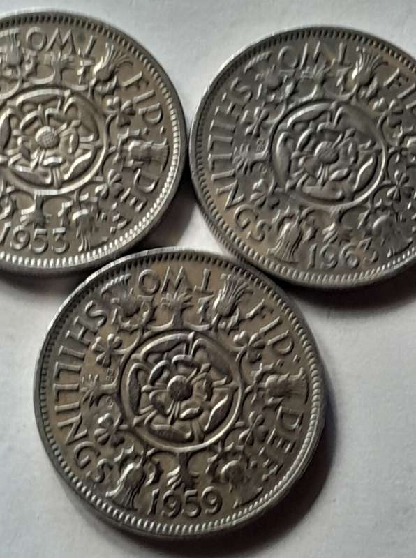 3 x British 2 Shilling Coins - 1953 1959 & 1963