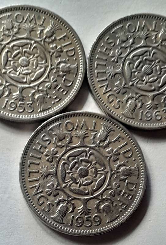 3 x British 2 Shilling Coins - 1953 1959 & 1963