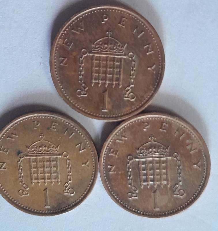 UK (British) 1 Penny Coins - 1977, 1978 and 1979