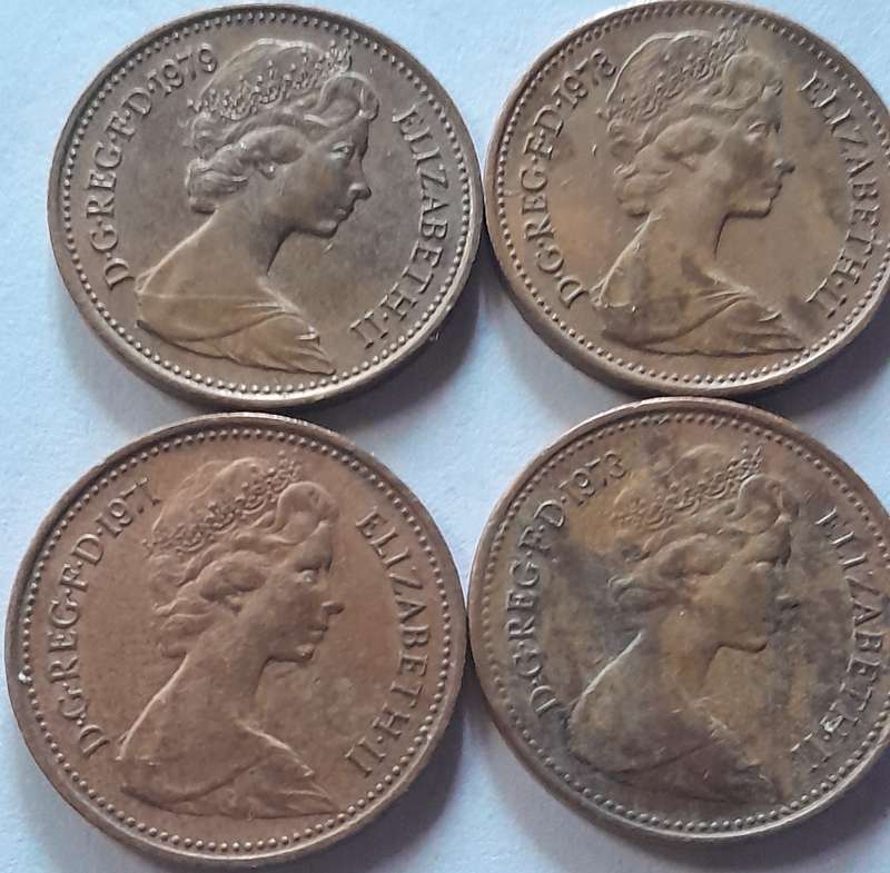 UK (British) 1 Penny Coins - 1971, 1973, 1878 and 1979