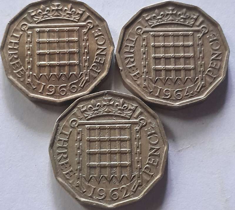 UK (British) Thruppence (3 Pence) Coins 1962, 1964 and 1965