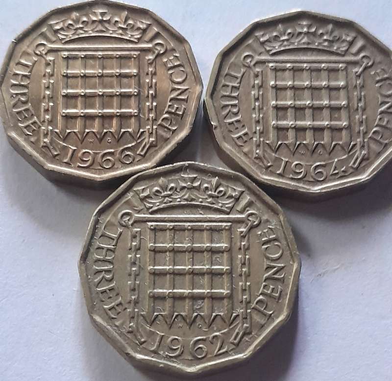 UK (British) Thruppence (3 Pence) Coins 1962, 1964 and 1965