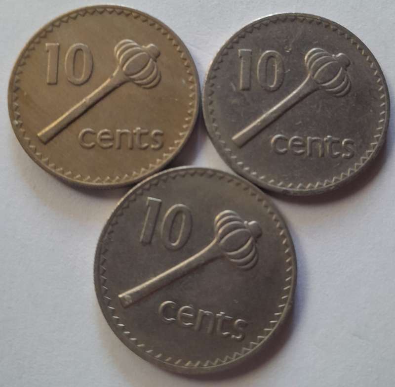 1976, 1979 and 1986 Fiji 10 Cent Coins