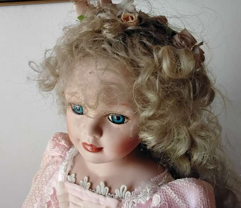 Large Vintage Porcelain Display Doll on Stand