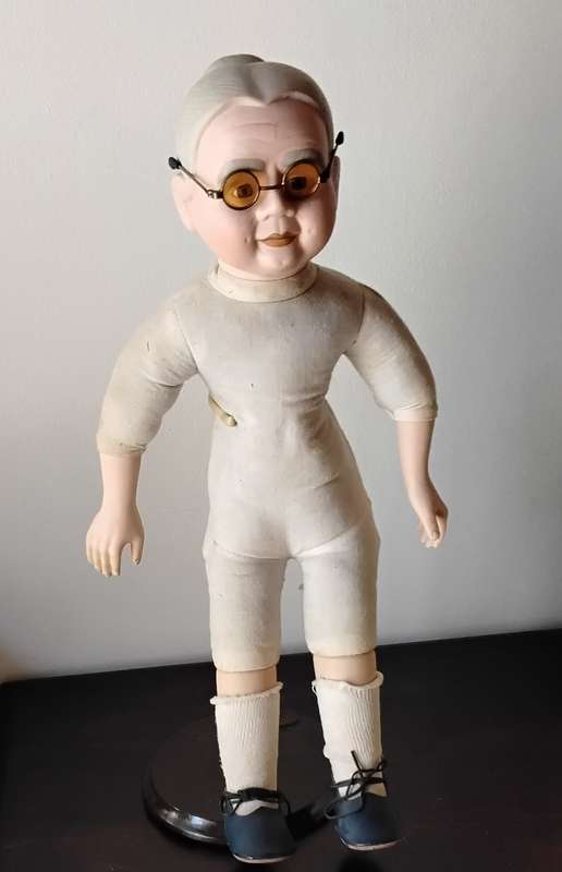 Vintage Granny Porcelain Doll on Wooden Stand