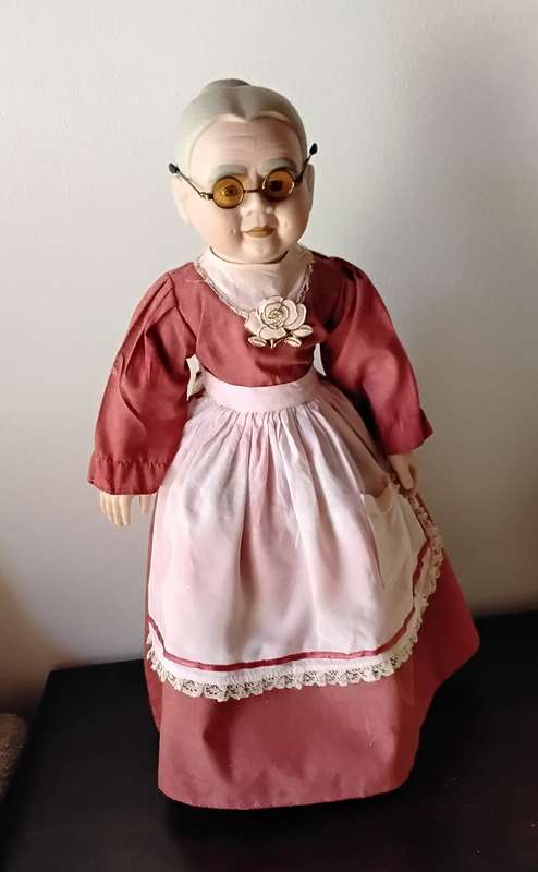 Vintage Granny Porcelain Doll on Wooden Stand