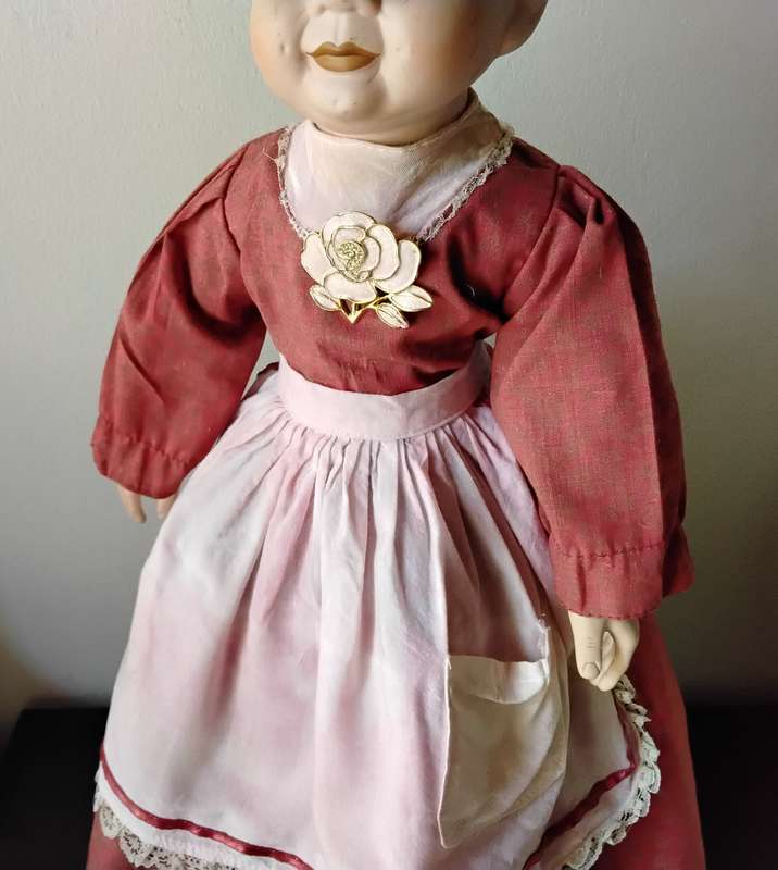 Vintage Granny Porcelain Doll on Wooden Stand