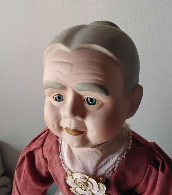 Vintage Granny Porcelain Doll on Wooden Stand