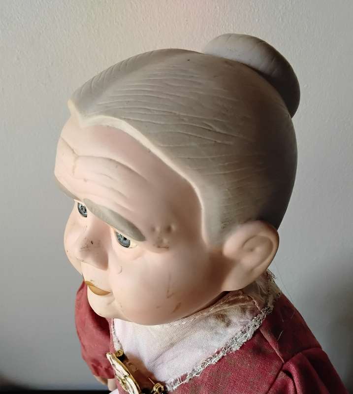 Vintage Granny Porcelain Doll on Wooden Stand