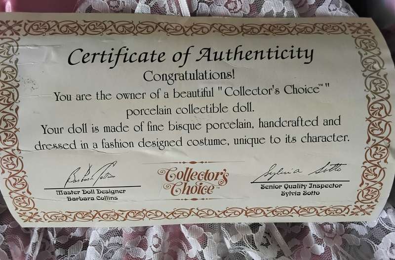 Collectors Choice Limited Edition Bisque Porcelain Doll with stand and COA