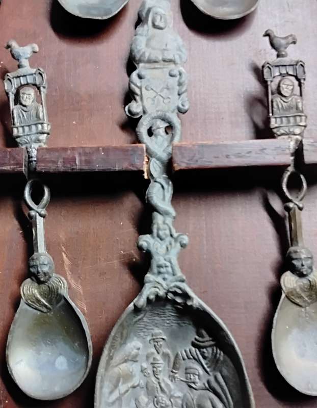 Vintage Dutch Pewter Spoons in Wooden House Style Display Rack