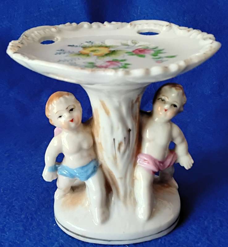Vintage Hand Painted Cherub Pedestal Trinket Dish Plus Porcelain Trinket Dishes - Set of four