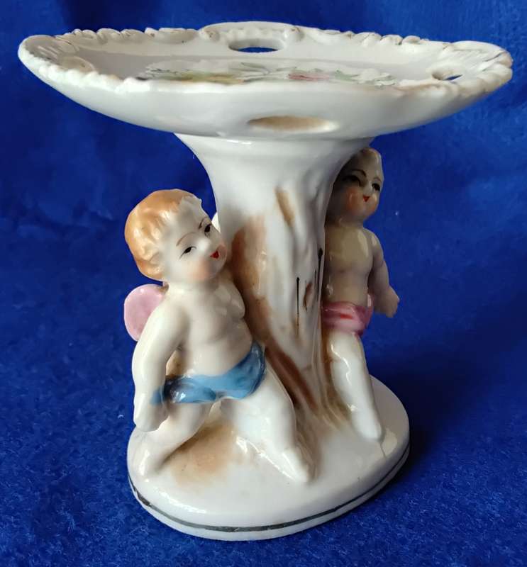 Vintage Hand Painted Cherub Pedestal Trinket Dish Plus Porcelain Trinket Dishes - Set of four