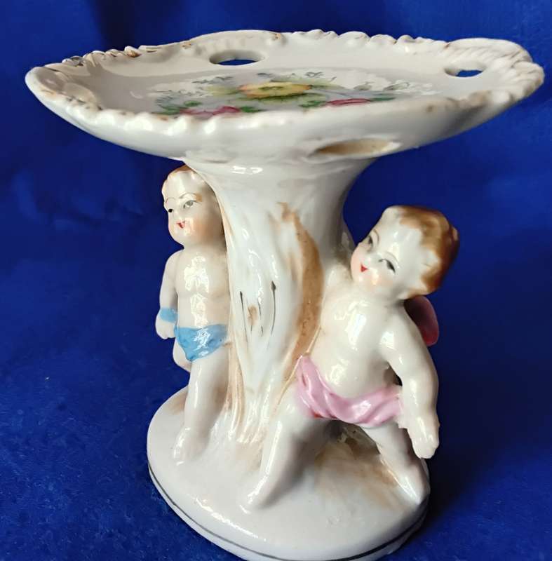 Vintage Hand Painted Cherub Pedestal Trinket Dish Plus Porcelain Trinket Dishes - Set of four