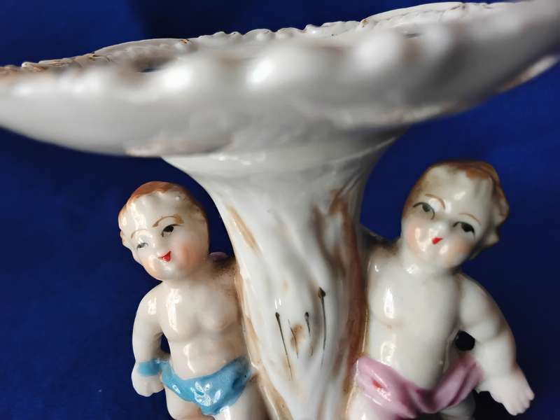 Vintage Hand Painted Cherub Pedestal Trinket Dish Plus Porcelain Trinket Dishes - Set of four