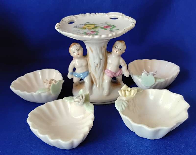 Vintage Hand Painted Cherub Pedestal Trinket Dish Plus Porcelain Trinket Dishes - Set of four