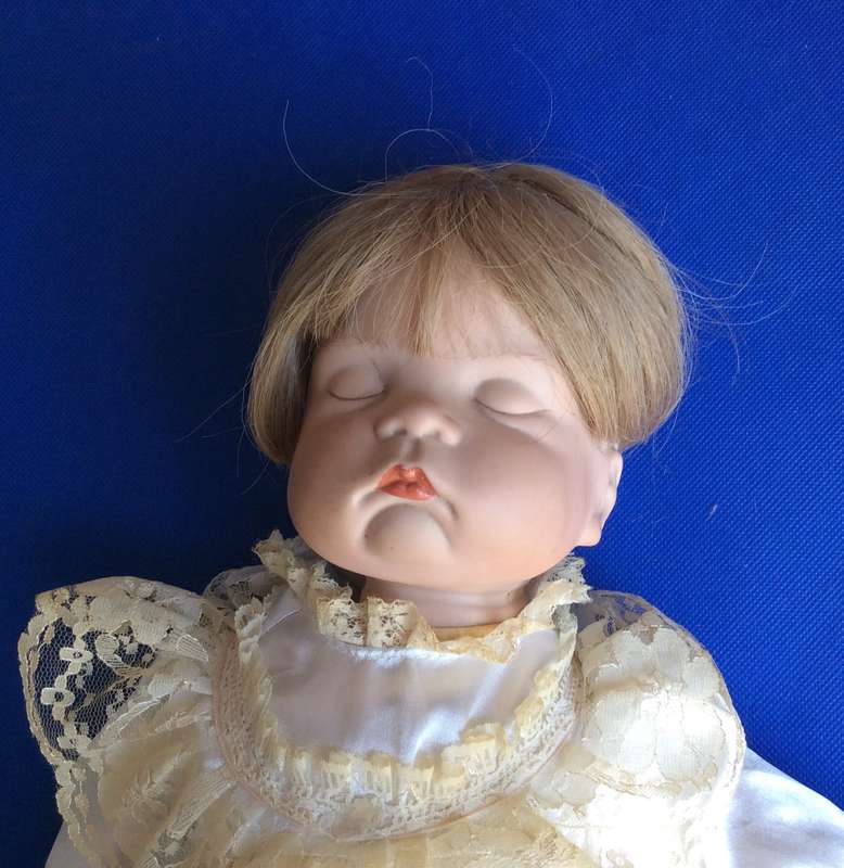 Sleeping Baby Porcelain Doll in Victorian style Dress and Bonnet