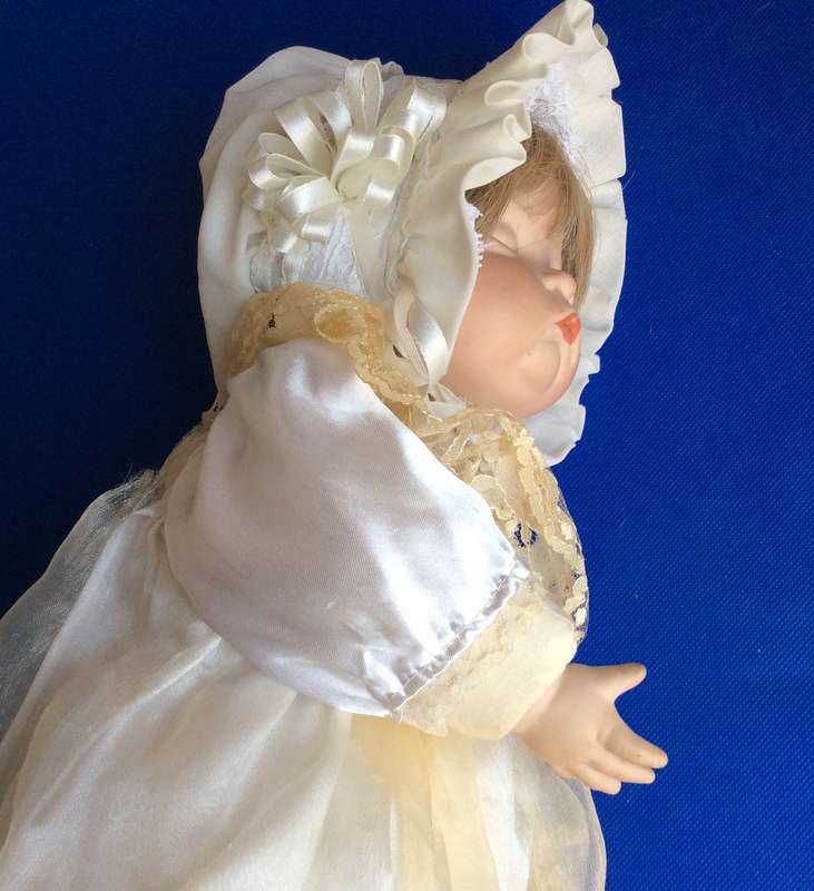 Sleeping Baby Porcelain Doll in Victorian style Dress and Bonnet