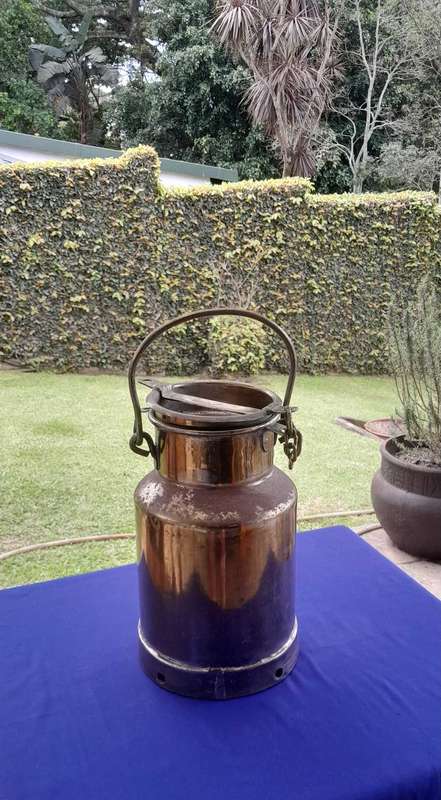 Vintage Farm Style Brass Milk Can with Swing Handle and Chained Lid