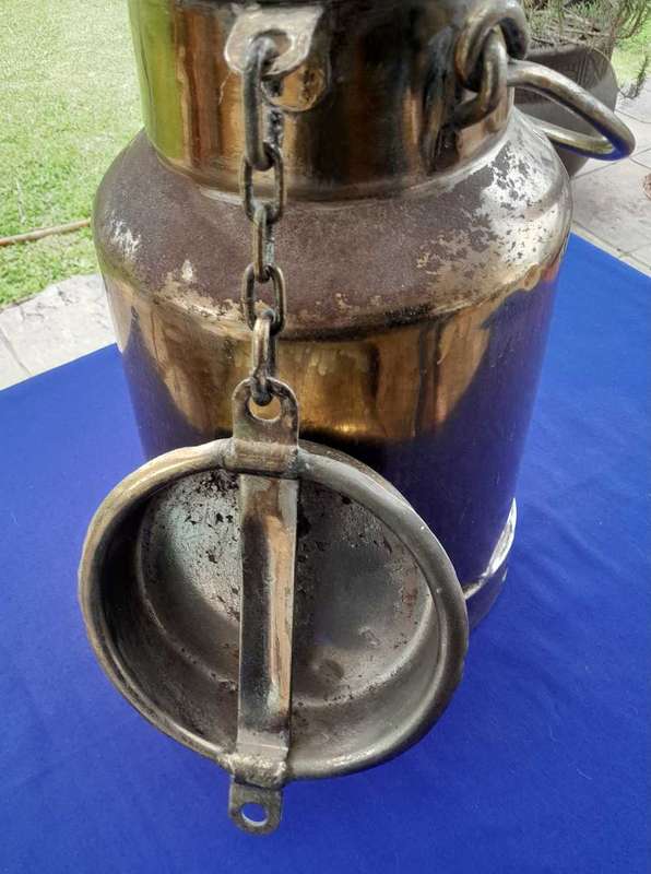 Vintage Farm Style Brass Milk Can with Swing Handle and Chained Lid