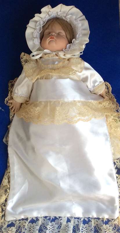 Sleeping Baby Porcelain Doll in Victorian style Dress and Bonnet