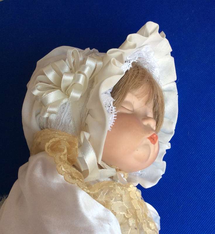 Sleeping Baby Porcelain Doll in Victorian style Dress and Bonnet