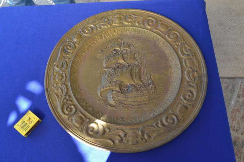 Vintage Embossed Brass Decorative Wall Plate - Tall Ship