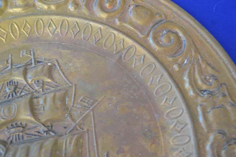 Vintage Embossed Brass Decorative Wall Plate - Tall Ship
