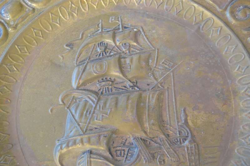 Vintage Embossed Brass Decorative Wall Plate - Tall Ship