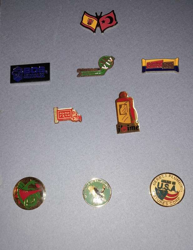 Vintage Assorted Collectable Enamel Lapel Pins 9 Pieces  - Framed