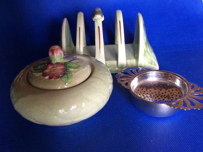 Vintage Carlton Ware Covered Sugar Bowl, Sterling Porcelain Toast Rack and SP Tea Strainer